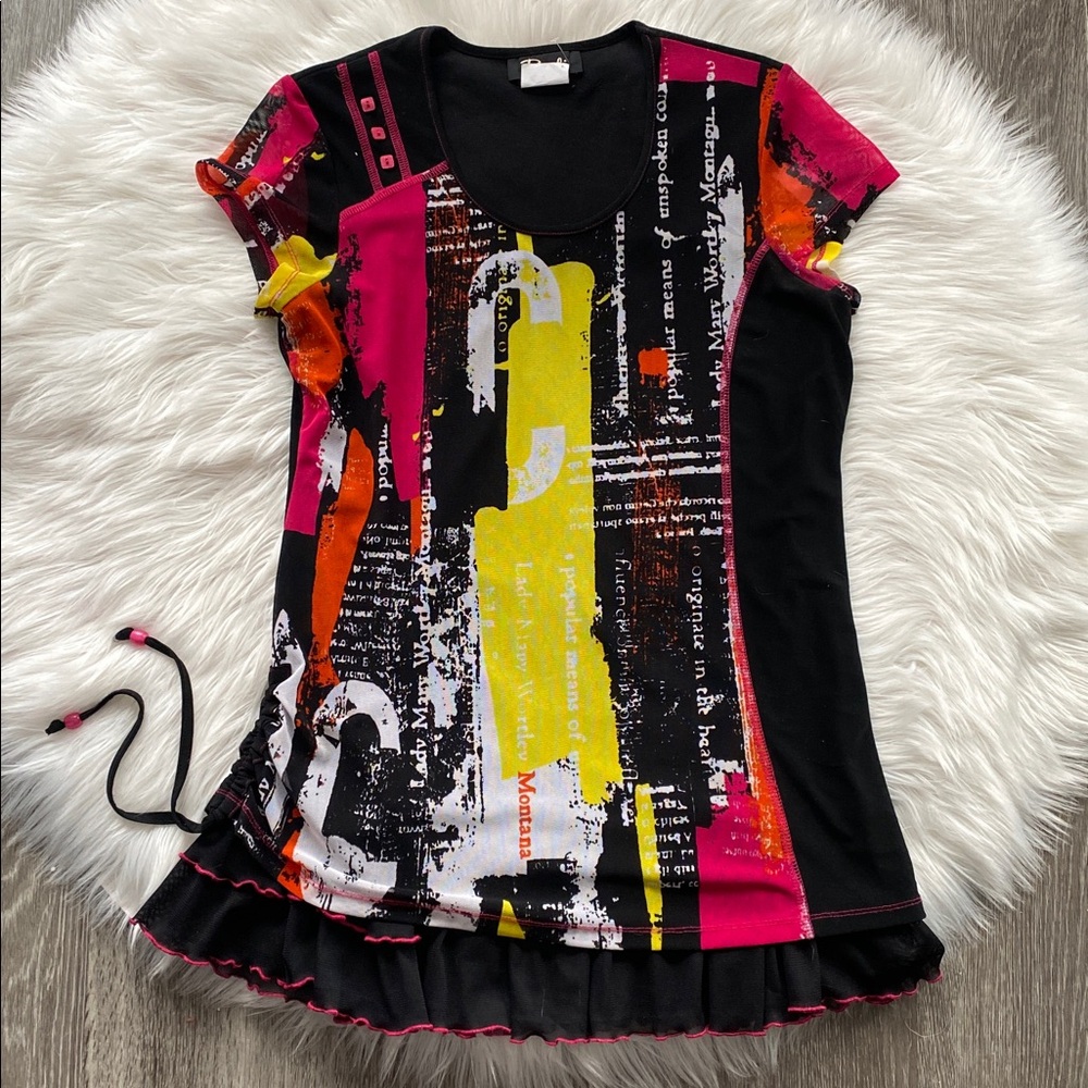 1990s Bali Grunge Neon Abstract Graphic Ruched Top with Ruffles - Picture 3 of 7